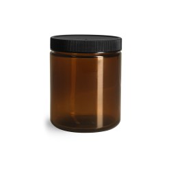 8 oz Glass Jars, Amber Glass Straight Sided Jars w/ Black Ribbed PE Caps