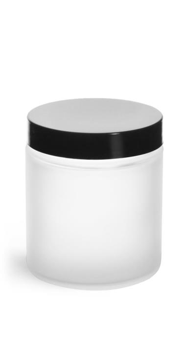 4 oz Frosted Glass Straight Sided Jars w/ Smooth Black Lined Caps