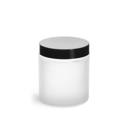 4 oz Frosted Glass Straight Sided Jars w/ Smooth Black Lined Caps