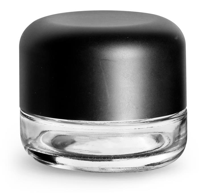 60 ml Clear Glass Child Resistant Wide Mouth Jars w/ Smooth Black Child Resistant Dome Caps