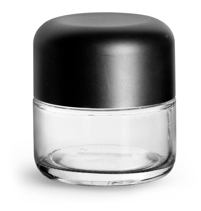 90 ml Clear Glass Child Resistant Wide Mouth Jars w/ Smooth Black Child Resistant Dome Caps