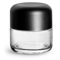 90 ml Clear Glass Child Resistant Wide Mouth Jars w/ Smooth Black Child Resistant Dome Caps