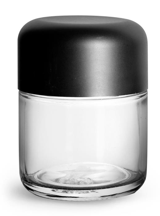 120 ml Clear Glass Child Resistant Wide Mouth Jars w/ Smooth Black Child Resistant Dome Caps