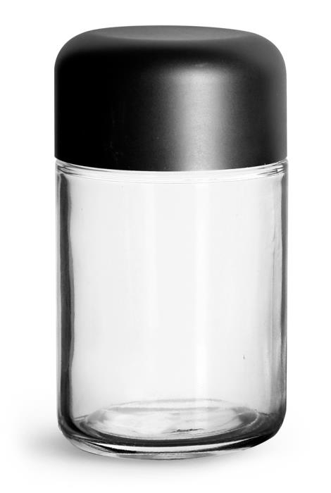 180 ml Clear Glass Child Resistant Wide Mouth Jars w/ Smooth Black Child Resistant Dome Caps