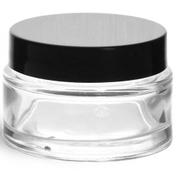 1 oz Clear Glass Cosmetic Jar with Black Smooth Lined Caps