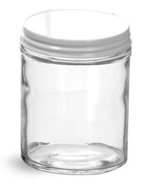 6 oz Clear Glass Jars w/ White Metal Plastisol Lined Caps