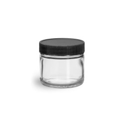 2 oz Clear Glass Jars w/ Lined Black Ribbed Plastic Caps