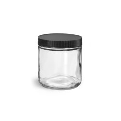 16 oz Clear Glass Jars w/ Lined Black Ribbed Plastic Caps