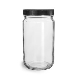 32 oz Clear Glass Jars w/ Lined Black Ribbed Plastic Caps