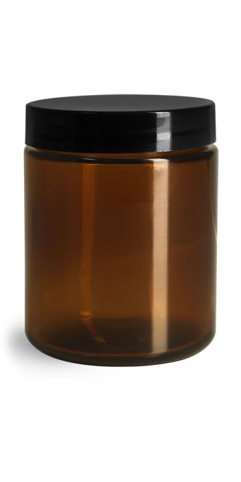 8 oz Amber Glass Straight Sided Jars w/ Smooth Black Lined Caps