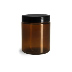 8 oz Amber Glass Straight Sided Jars w/ Smooth Black Lined Caps