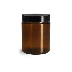 8 oz Amber Glass Straight Sided Jars w/ Black Phenolic PV Lined Caps