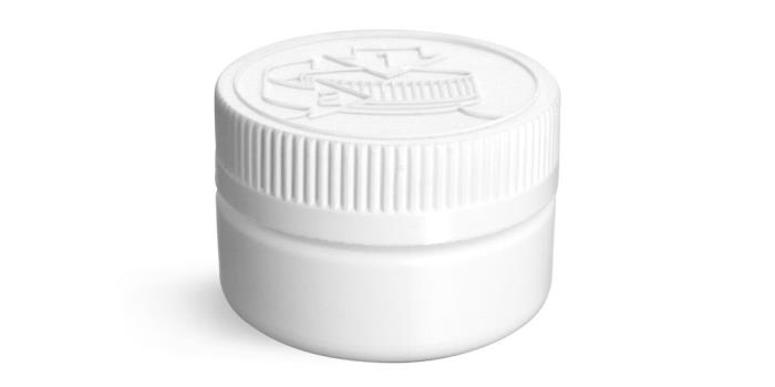 2 oz Plastic Jars, White HDPE Low Profile Jars w/ White PE Lined Child Resistant Caps