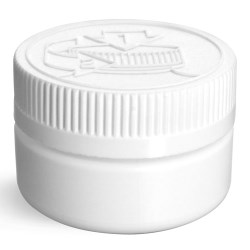 2 oz Plastic Jars, White HDPE Low Profile Jars w/ White PE Lined Child Resistant Caps