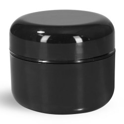 1 oz Plastic Jars, Black Plastic Double Wall Radius Jars w/ Black Lined Dome Caps