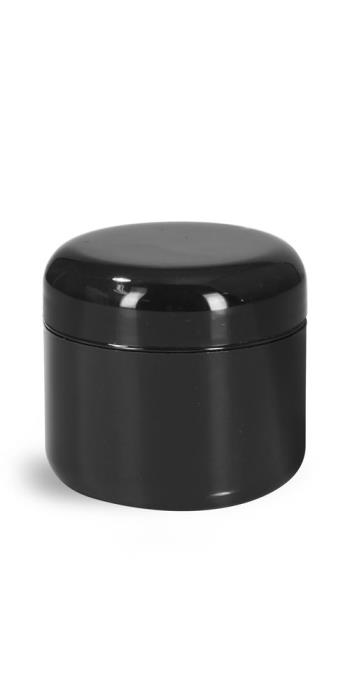 2 oz Plastic Jars, Black Plastic Double Wall Radius Jars w/ Black Lined Dome Caps