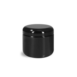 4 oz Plastic Jars, Black Plastic Double Wall Radius Jars w/ Black Lined Dome Caps