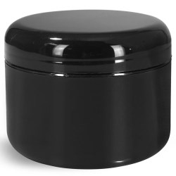 8 oz Plastic Jars, Black Plastic Double Wall Radius Jars w/ Black Lined Dome Caps