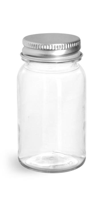 60 cc Clear PET Wide Mouth Round Bottles w/ Silver Aluminum Lined Caps