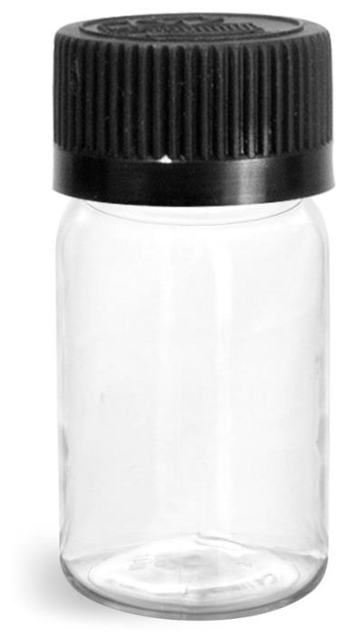 60 cc Plastic Bottles, Clear PET Wide Mouth Rounds w/ Black Child Resistant Lined Caps