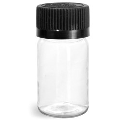 60 cc Plastic Bottles, Clear PET Wide Mouth Rounds w/ Black Child Resistant Lined Caps