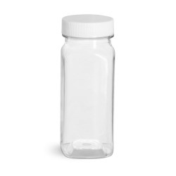 4 oz Plastic Bottles, Clear PET Square Bottles With White Ribbed Caps