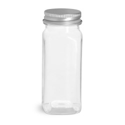 4 oz Clear PET Square Bottles w/ Lined Aluminum Caps