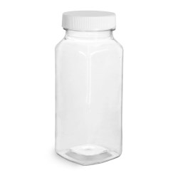 8 oz Plastic Bottles, Clear PET Square Bottles With White Ribbed Caps