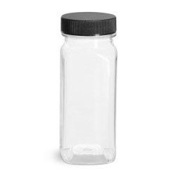 8 oz Clear PET Square Bottles w/ Black Ribbed PE Lined Caps