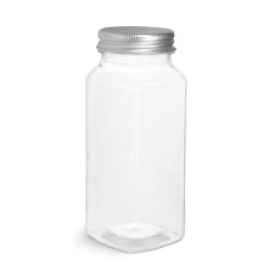 8 oz Clear PET Square Bottles w/ Lined Aluminum Caps