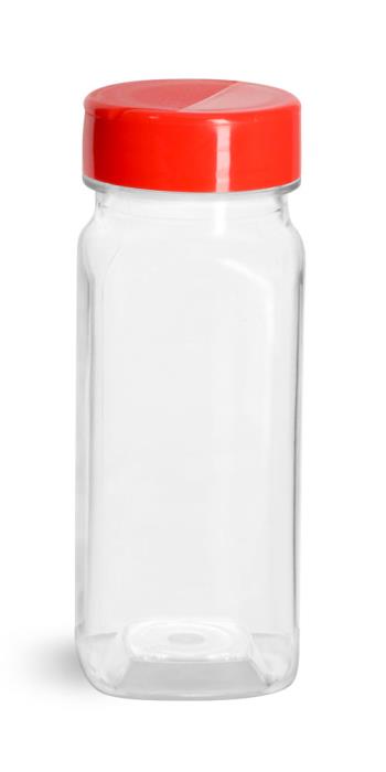 4 oz Clear PET Square Bottles w/ Red Polypro Spice Caps