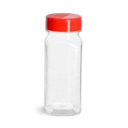 4 oz Clear PET Square Bottles w/ Red Polypro Spice Caps