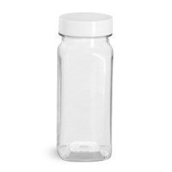 4 oz Clear PET Square Bottles w/ Smooth White PE Lined Caps