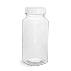 8 oz Clear PET Square Bottles w/ Smooth White PE Lined Caps