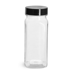 4 oz Clear PET Square Bottles w/ Smooth Black PE Lined Caps