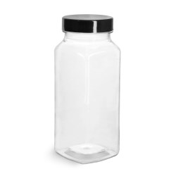 8 oz Clear PET Square Bottles w/ Smooth Black PE Lined Caps