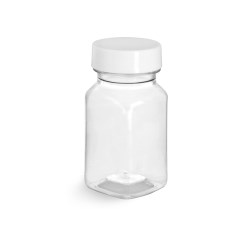 2 oz Clear PET Square Bottles w/ Smooth White PE Lined Caps