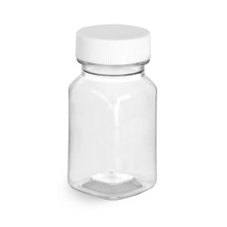 2 oz Plastic Bottles, Clear PET Square Bottles With White Ribbed Caps