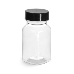 2 oz Clear PET Square Bottles w/ Smooth Black PE Lined Caps