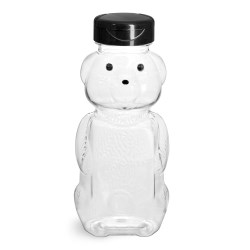 8 oz Plastic Bottles, Clear PET Honey Bear w/ Black Polypro Induction Lined Snap Top Cap