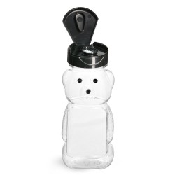 6 oz Plastic Bottles, Clear PET Honey Bear w/ Black Polypro Induction Lined Snap Top Cap