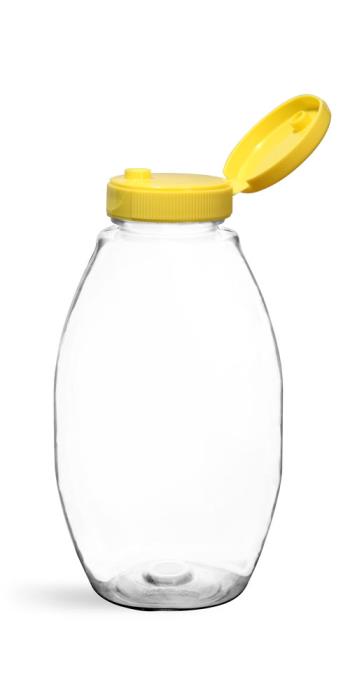 12 oz Plastic Bottles, Clear PET Inverted Ovals w/ Yellow Lined Snap Top Caps