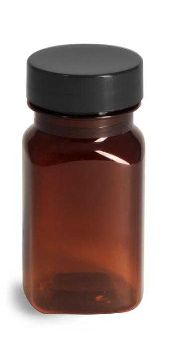 2 oz Plastic Bottles, Amber PET Square Bottles w/ Smooth Black PE Lined Caps