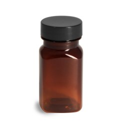 2 oz Plastic Bottles, Amber PET Square Bottles w/ Smooth Black PE Lined Caps