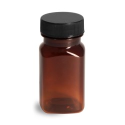 2 oz Plastic Bottles, Amber PET Square Bottles w/ Ribbed Black PE Lined Caps