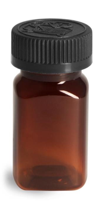 2 oz Plastic Bottles, Amber PET Square Bottles w/ Black PE Lined Child Resistant Caps