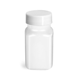 2 oz Plastic Bottles, White Square PET Bottles w/ Smooth White PE Lined Caps