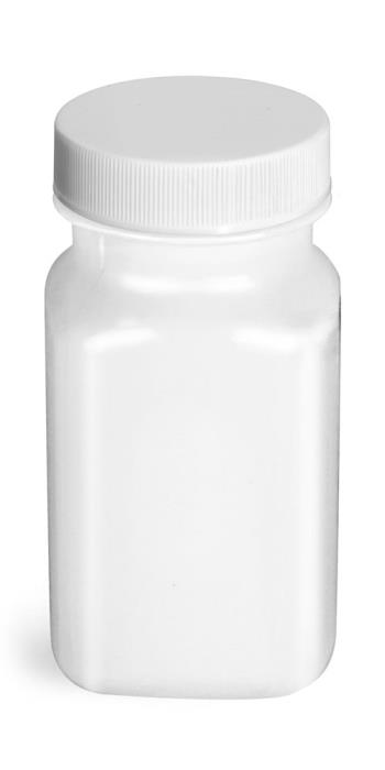 2 oz Plastic Bottles, White Square PET Bottles w/ Ribbed White PE Lined Caps