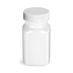 2 oz Plastic Bottles, White Square PET Bottles w/ Ribbed White PE Lined Caps