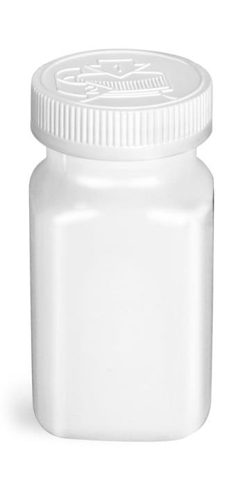 2 oz PET Plastic Bottles, White Square Bottles w/ White PE Lined Child Resistant Caps